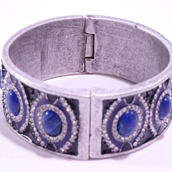 Designer Silver Onyx Enamel Lapis Blue Stone Crystal Cuff Bracelet NWOT 398 - Picture 5 of 5